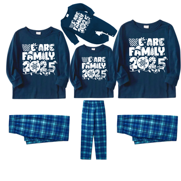 We Are Family 2025 Christmas Pajamas Set - Navy Top Blue Plaid Pants White Text Graphic