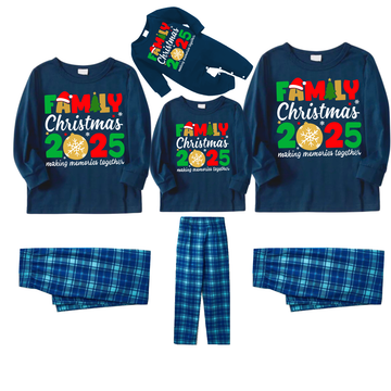 "Family Christmas 2025" Cute Text and Santa Hat Prints Blue Long Sleeve Top With Blue Plaid Family Matching Pajamas
