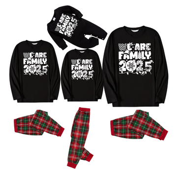 We Are Family 2025 Christmas Pajamas Set - Black Top Red and Green Plaid Pants White Text Graphic