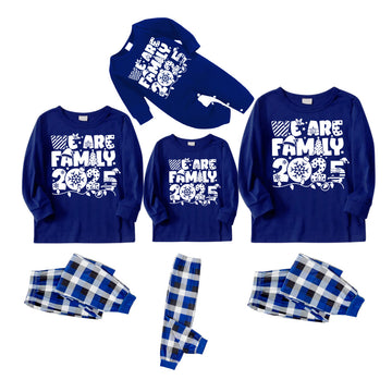 We Are Family 2025 Christmas Pajamas Set - Navy Top Blue and White Plaid Pants White Text Graphic