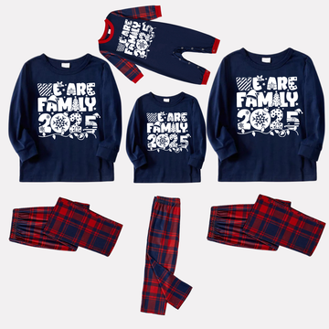 We Are Family 2025 Christmas Pajamas Set - Navy Top Red and Navy Plaid Pants White Text Graphic
