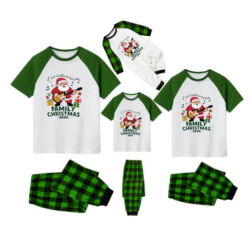 Family Christmas 2025 Pajamas Set - White Top Green Sleeves Green Plaid Pants Playful Santa Graphic