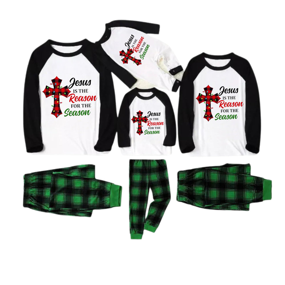 Black Raglan Top Green Plaid Christmas Pajamas Set With "Jesus Is The Reason For The Season" Slogan Print
