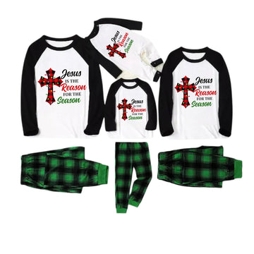Black Raglan Top Green Plaid Christmas Pajamas Set With "Jesus Is The Reason For The Season" Slogan Print