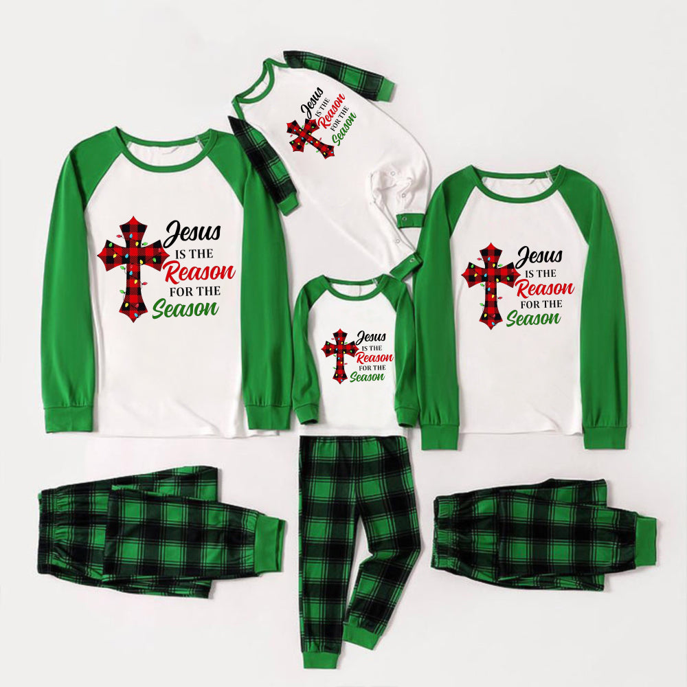 Green Raglan Top Green Plaid Christmas Pajamas Set With "Jesus Is The Reason For The Season" Slogan Print