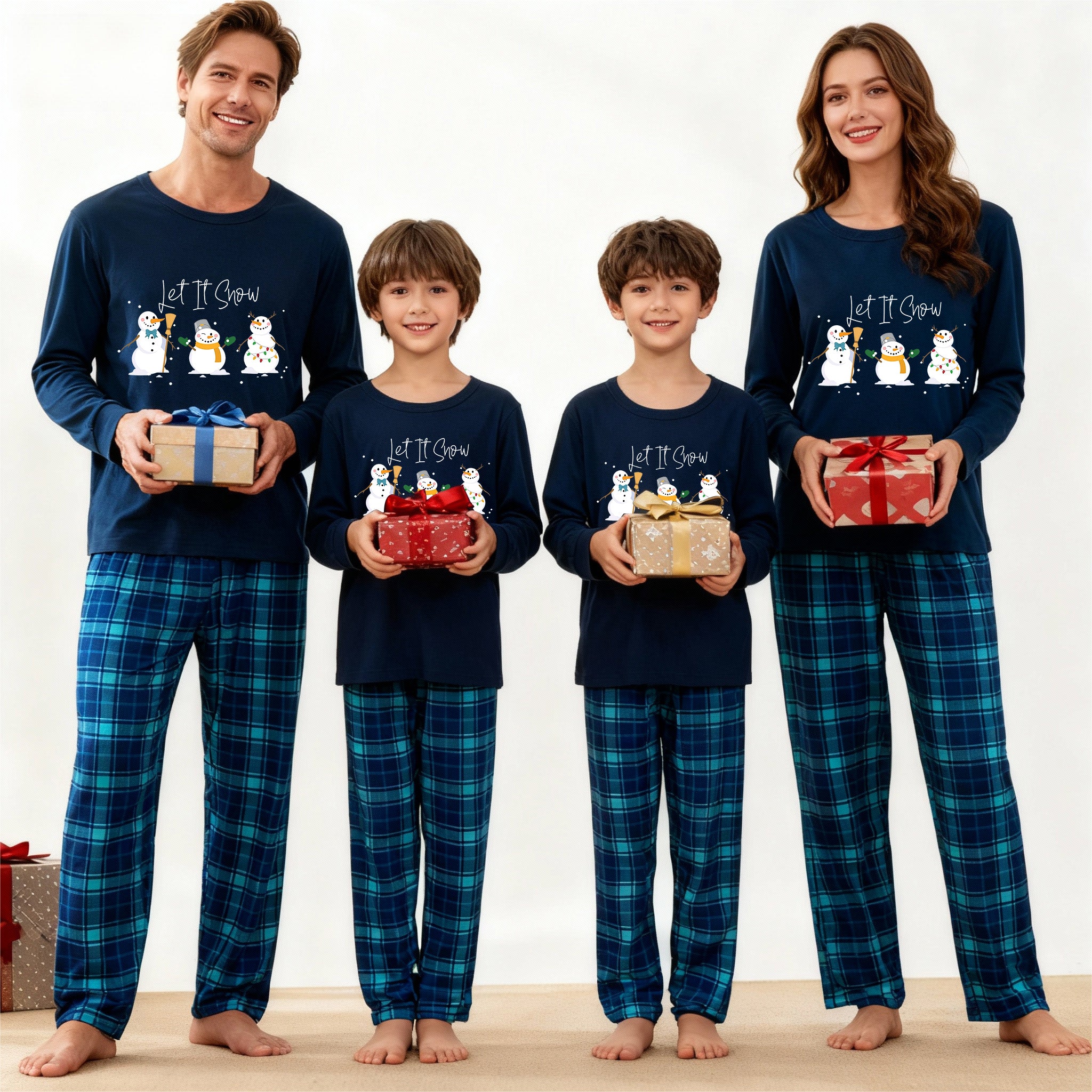 Christmas Family Matching Pajamas-Navy & Sky Blue Plaid Pjs Set with "Let It Snow" and Snowman Pattern Print