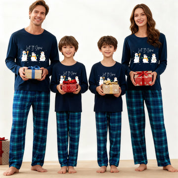 Christmas Family Matching Pajamas-Navy & Sky Blue Plaid Pjs Set with "Let It Snow" and Snowman Pattern Print