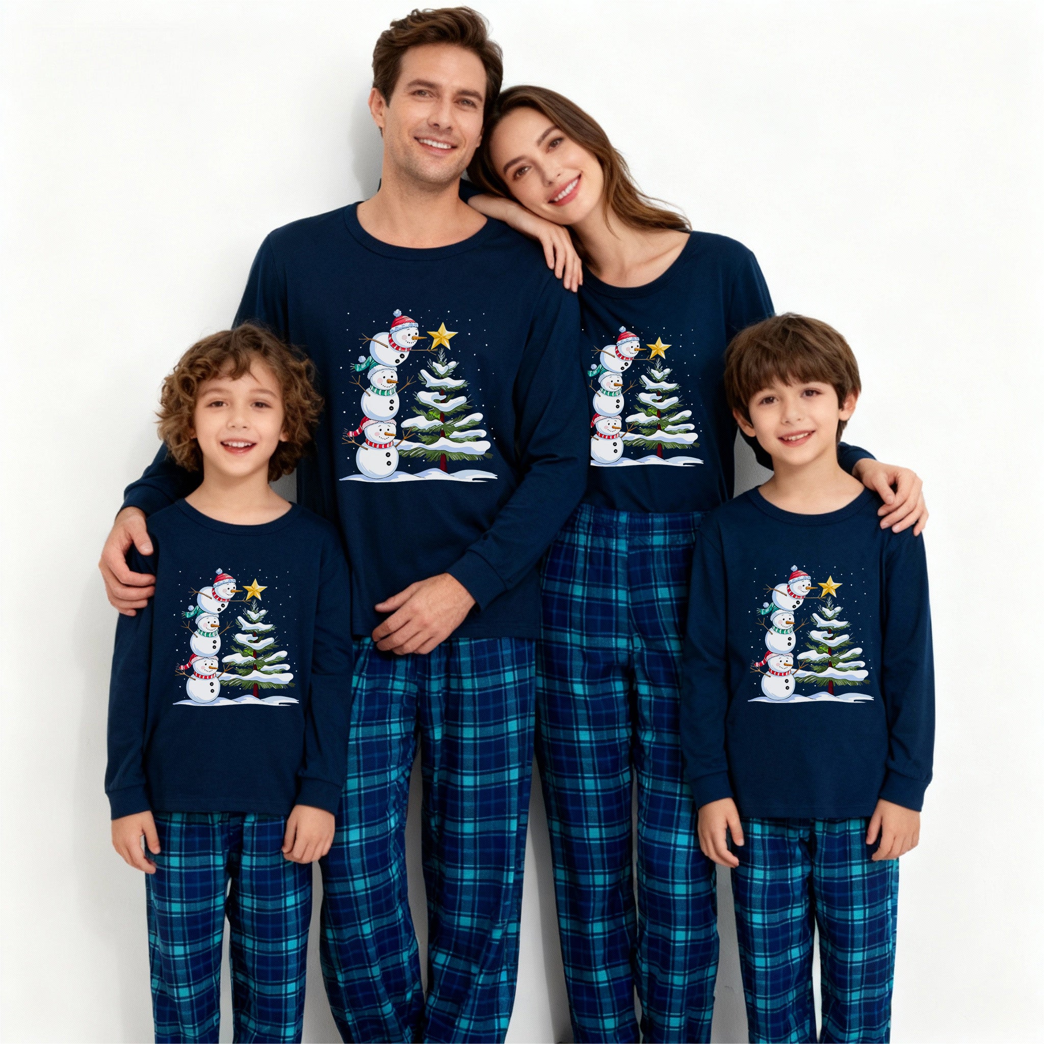 Navy & Sky Blue Plaid Christmas Pajamas Set with Snowman & Christmas Tree Print