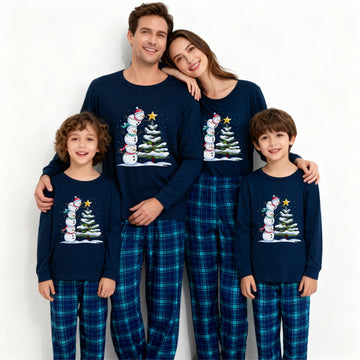 Navy & Sky Blue Plaid Christmas Pajamas Set with Snowman & Christmas Tree Print