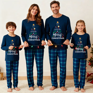 "We Wish You a Merry Christmas" Printed Blue Long Sleeve Top With Blue Plaid Family Matching Pajamas