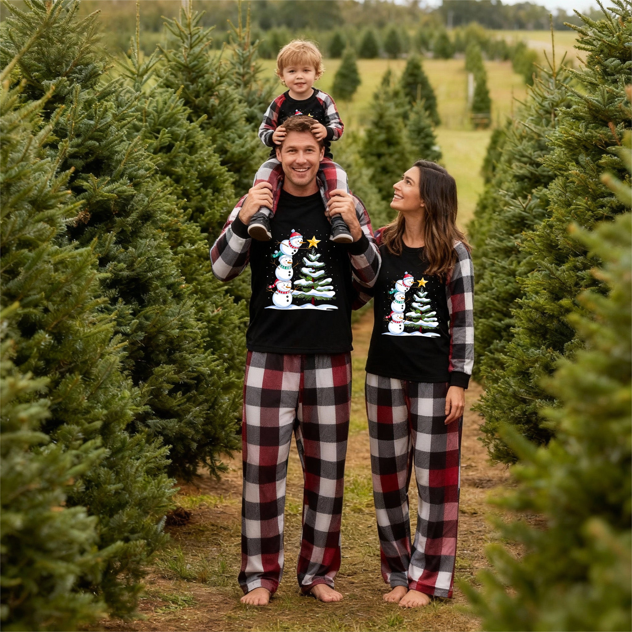 Red and Gray Plaid Christmas Pajamas Set with Snowman & Christmas Tree Print