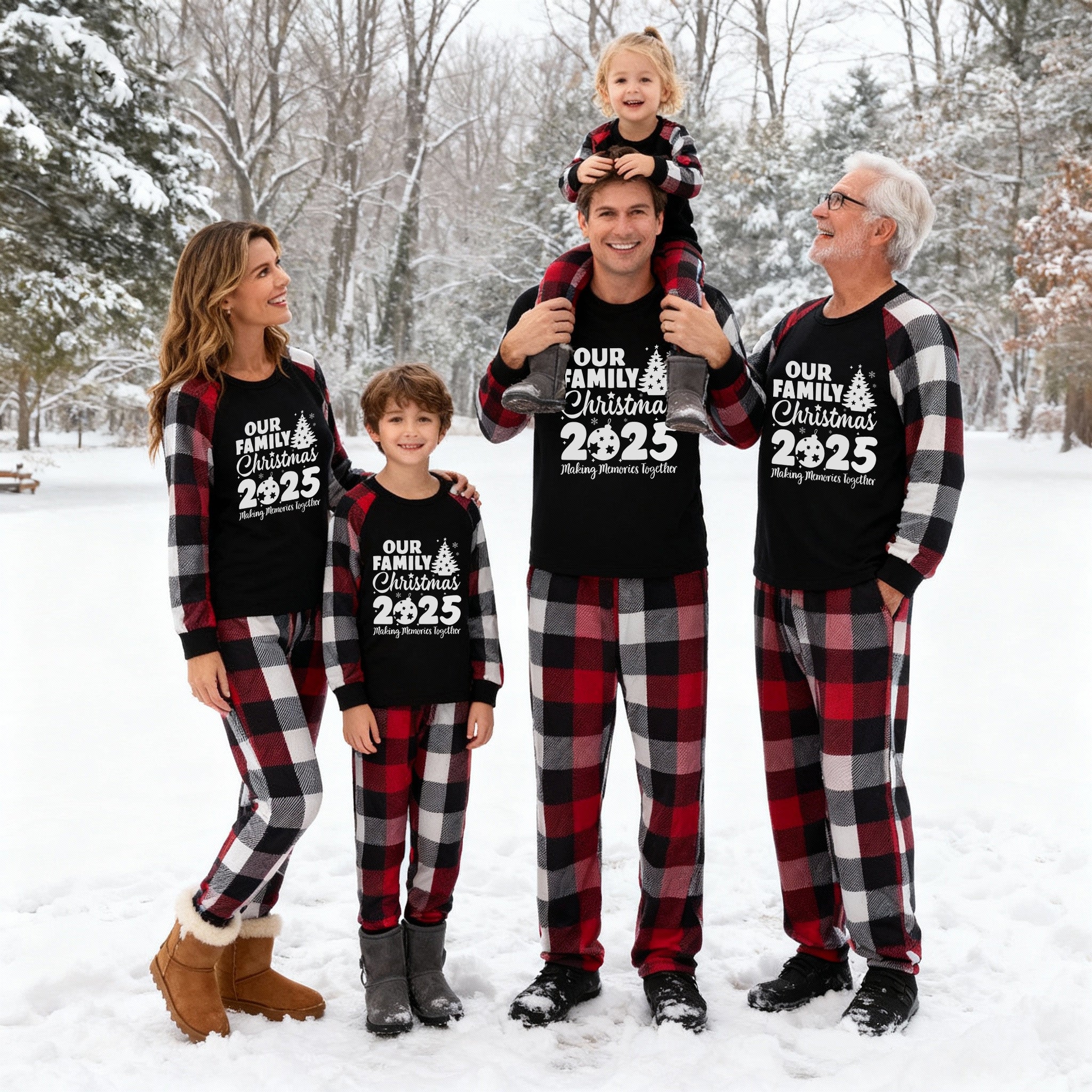 Christmas Tree & "2025 Making Memories Together" Patterned Plaid Sleeve Contrast Tops and Red & Black & White Plaid Pants Family Matching Pajamas Set With Dog Bandana