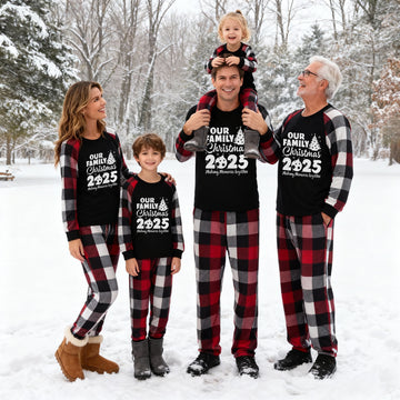 Christmas Tree & "2025 Making Memories Together" Patterned Plaid Sleeve Contrast Tops and Red & Black & White Plaid Pants Family Matching Pajamas Set With Dog Bandana