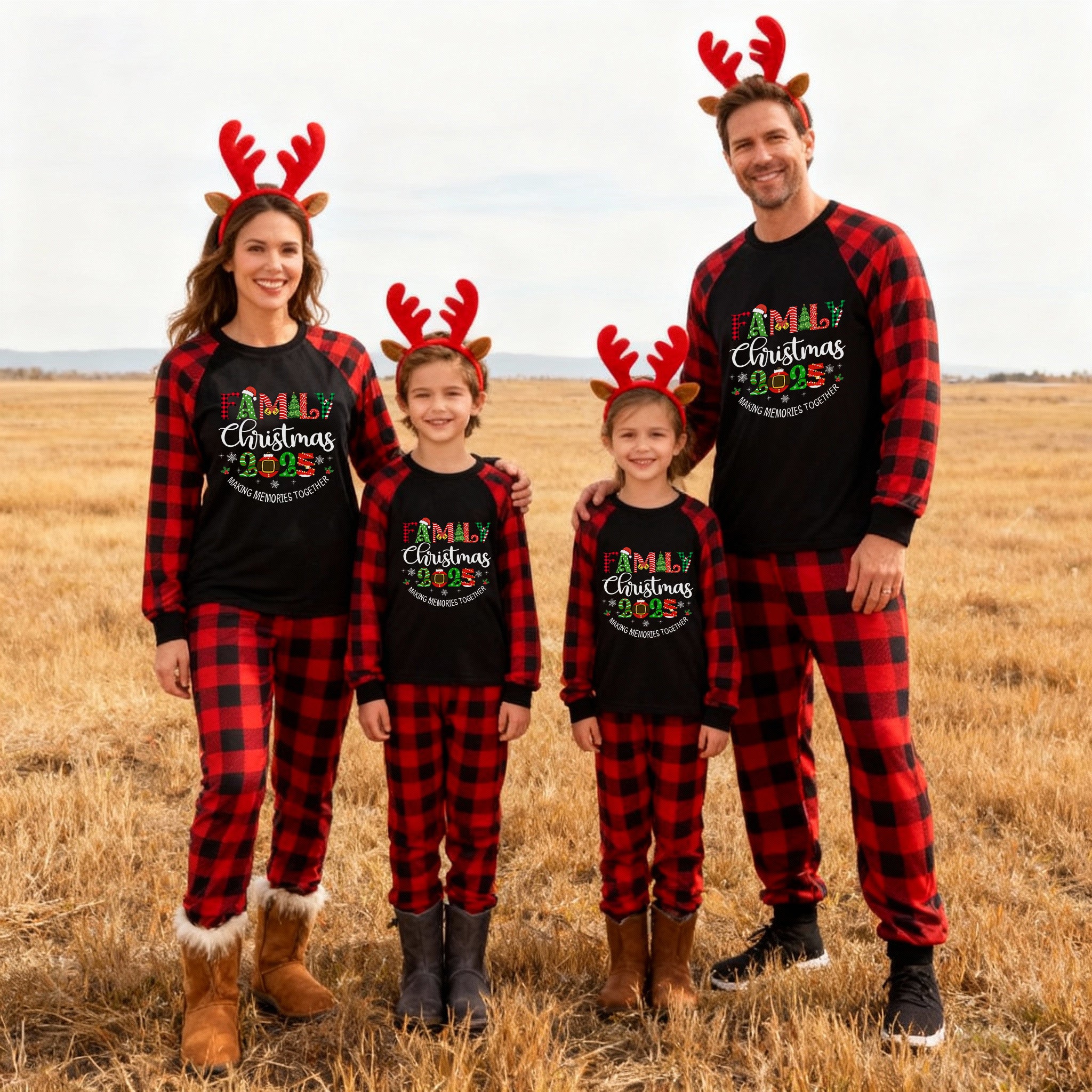 "Family Christmas 2025" Cute Print Black & Red Plaid Christmas Matching Pajamas