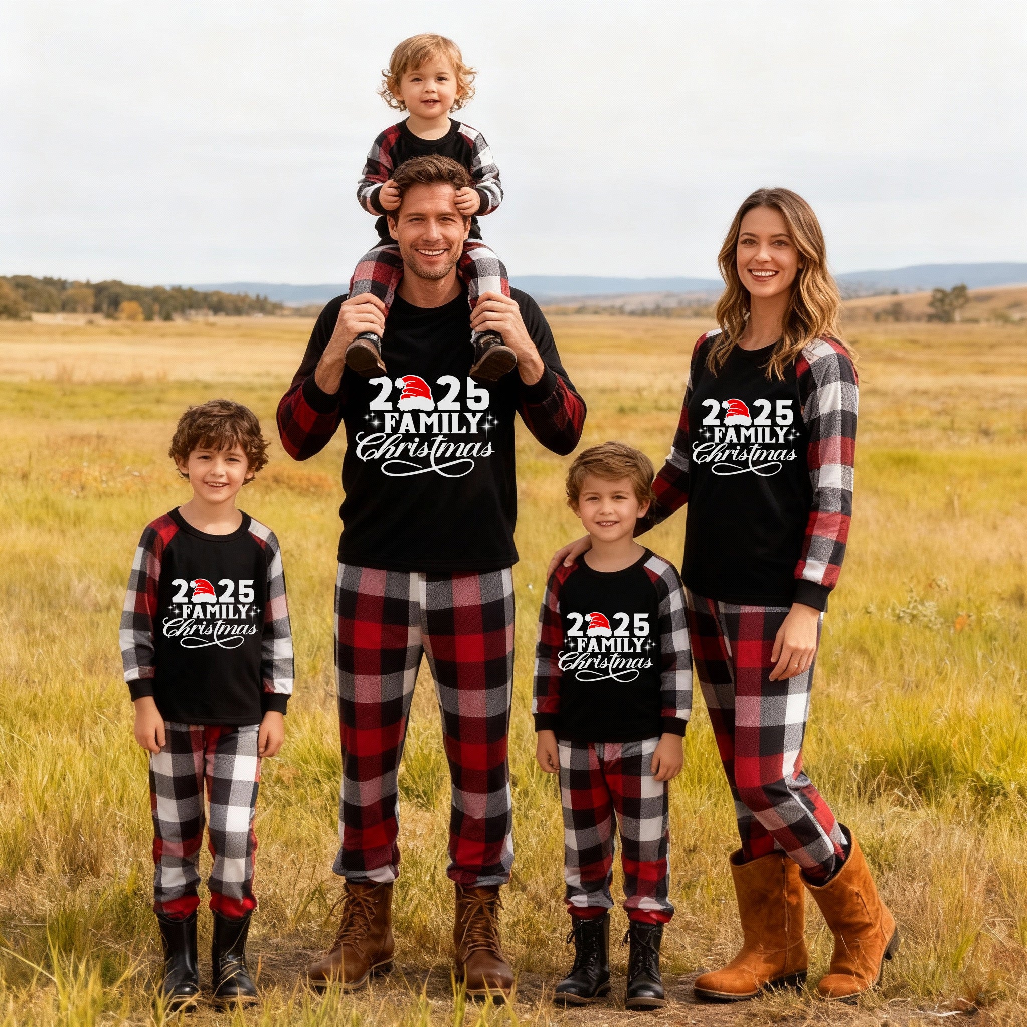 "2025 Family Christmas" Letter Print Red & Black & Grey & White Plaid Family Matching Pajamas