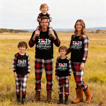 "2025 Family Christmas" Letter Print Red & Black & Grey & White Plaid Family Matching Pajamas