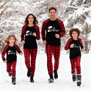 Christmas Hat and ‘Believe“ Letter Print Patterned Contrast Black top and Black & Red Plaid Pants Family Matching Pajamas Set