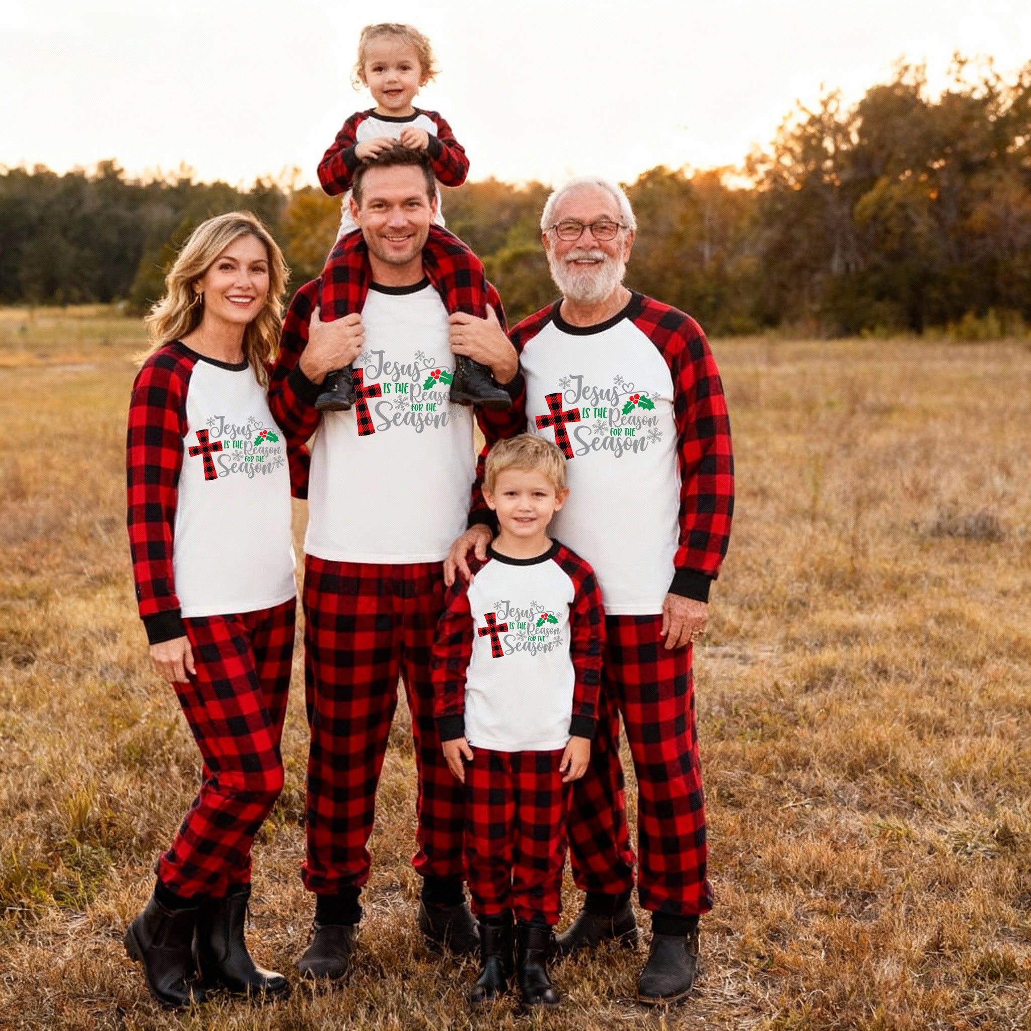Christmas "Jesus is the Reason of the Season" Letter Print Patterned White Long Sleeve with Black&Red Plaid Pants Family Matching Pajamas