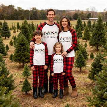 Red and Black Plaid Christmas Pajamas Set With Christmas Penguin Cartoon Print