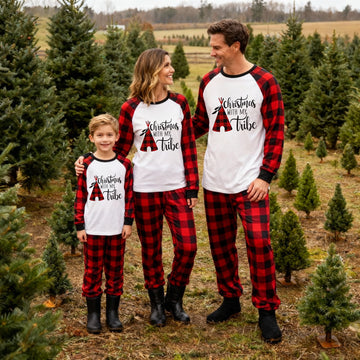 "Christmas With My Tribe"  Pattern White Long Sleeve with Black&Red Plaid Pants Family Matching Pajamas