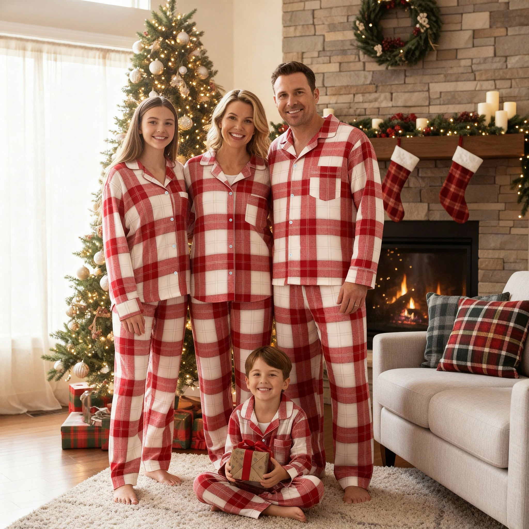 Matching Family Sleepwear Red White Plaid Christmas Pajamas Set