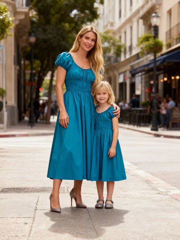 Matching Mother-Daughter Solid Blue Dress