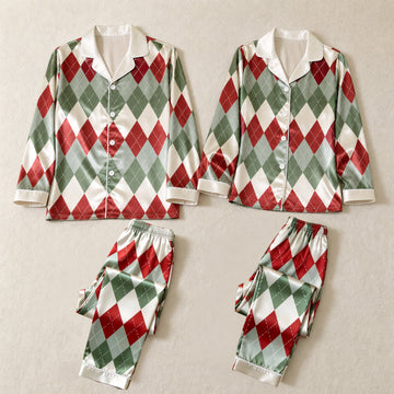 Classic Christmas Argyle Print Satin Matching Pajamas for Couples – Long Sleeve Button-Down Top & Pants Sleepwear Set