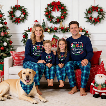 "We are Family" 2026 Christmas Wreath - Blue Long Sleeve Top With Blue Plaid Family Matching Pajamas