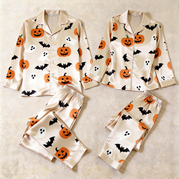 Halloween Pumpkin and Ghost Satin Matching Pajamas for Couples – Long Sleeve Button-Down Top & Pants Sleepwear Set