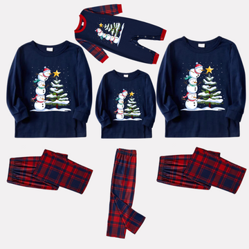 Navy & Red Plaid Christmas Pajamas Set with Snowman & Christmas Tree Print