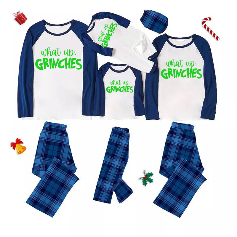 Christmas Cute Cartoon Face and 'What Up' Letter Print Casual Long Sleeve Sweatshirts Contrast Blue & White Top and Black and Blue Plaid Pants Family Matching Pajamas Sets