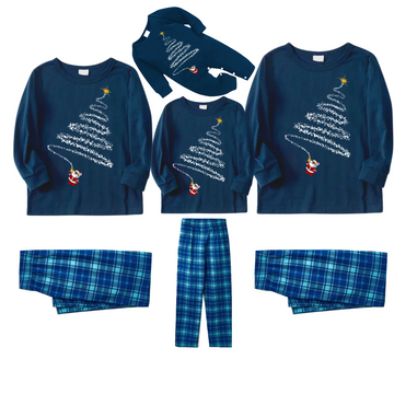 Childish Santa Claus and Christmas Tree Patterns Blue Long Sleeve Top With Blue&Green Plaid Family Matching Pajamas and Nightgown