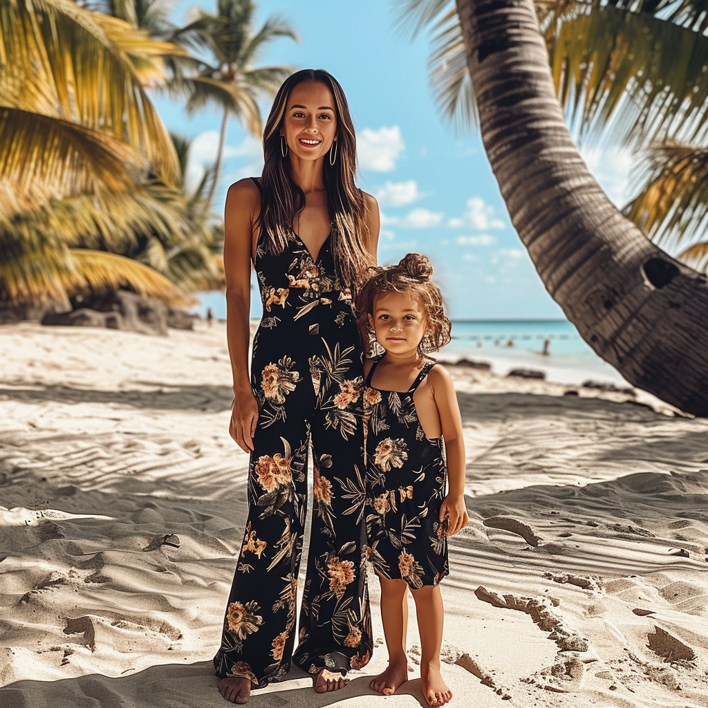 Mom and Daughter Matching Black Flower Print Cami Jumpsuit