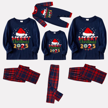 Navy & Red Plaid Christmas Pajamas Set With Santa Hat and "Merry Christmas 2025" Text Print