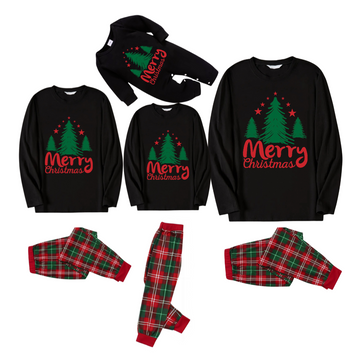 Merry Christmas Letter & Tree Printed Pattern Black Long Sleeve Top with Red & Green Plaid Pants Family Matching Pajamas