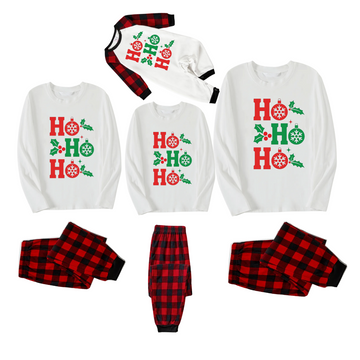 "HO HO HO" Letter Christmas 2024 White Long Sleeve Top with Red & Black Plaid Family Matching Pajamas