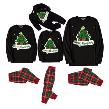 Christmas Tree and Gift Designs - Black Top with Red & Green Plaid Pants Family Matching Pajama