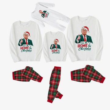 "I will be home for Christmas"Letter Printed White Long Sleeve with Red and Green Plaid Pants Family Matching Pajamas