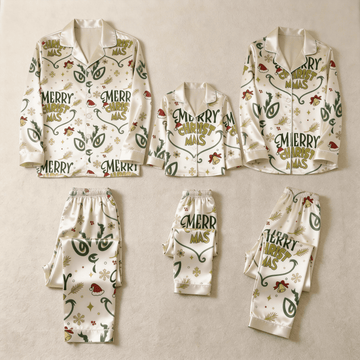 Merry Christmas Letter & Festive Icon Print Satin Button-Up Family Pajamas Set