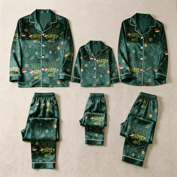 Merry Christmas Letter & Festive Icon Print Green Satin Button-Up Family Pajamas Set