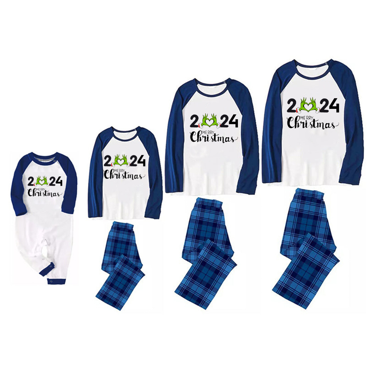 "2024 Merry Christmas" Text Printed Navy Blue and Black Plaid Christmas Family Pajamas