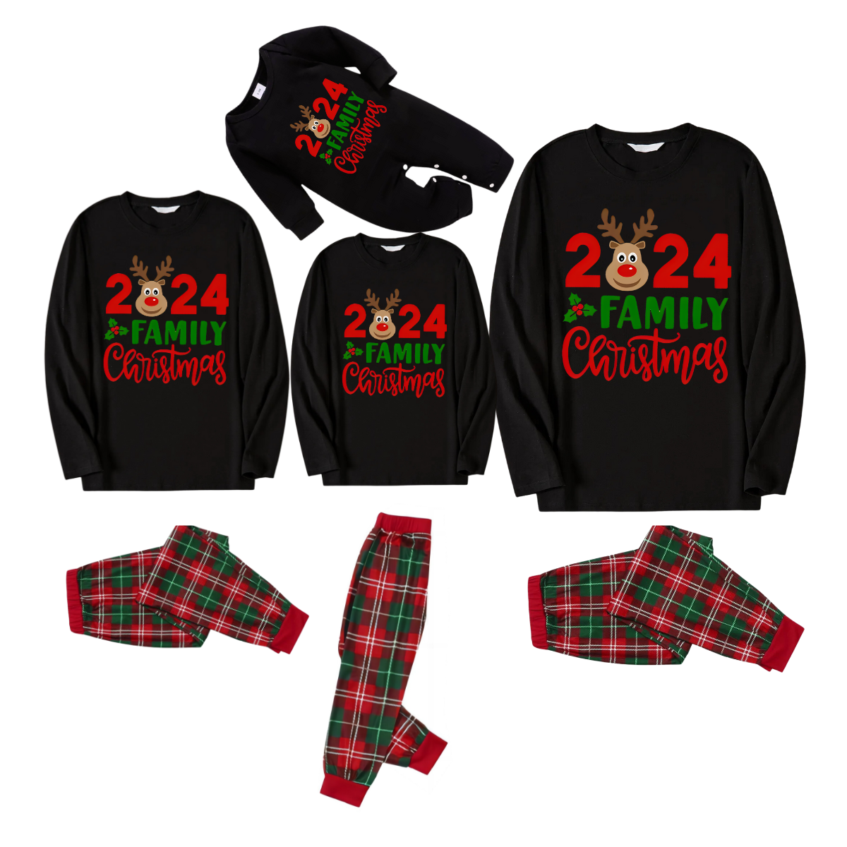 "Family Christmas 2024" Text and Deer Printed Red and Green Plaid Family Matching Pajamas