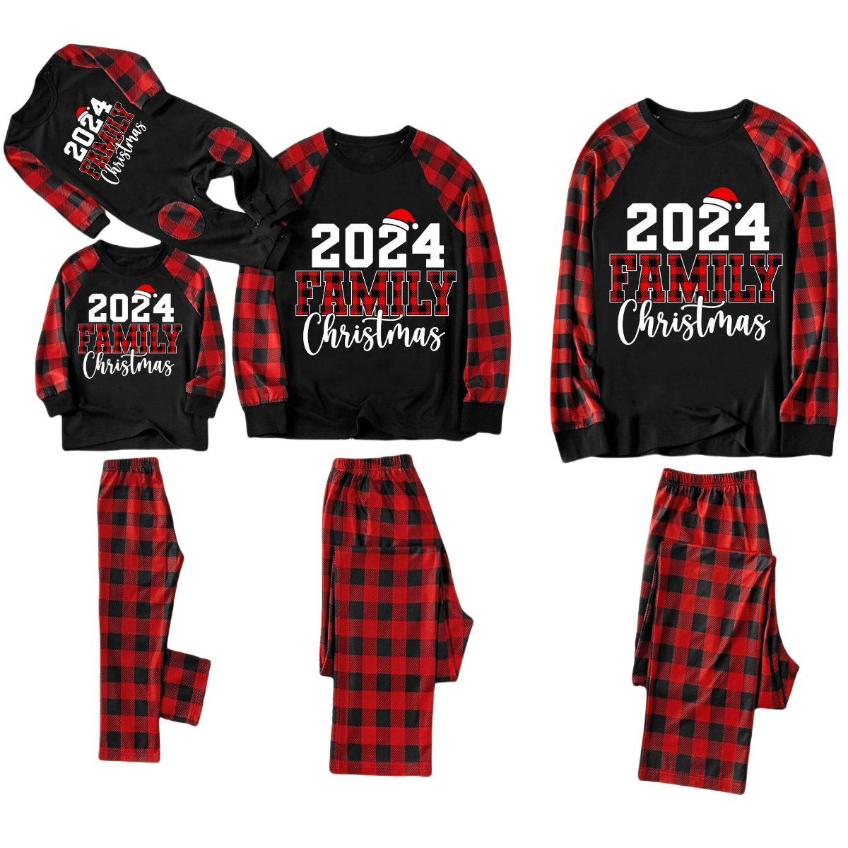 "2024 Family Christmas" Text Print Black & Red Plaid Christmas Matching Pajamas