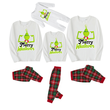 Funny Cartoon Pattern and "Merry Whatever" Printed Red & Green Plaid Family Matching Pajamas