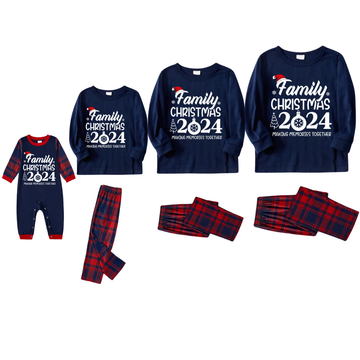 "Family Christmas 2024" Text Prints Blue Long Sleeves Top with Red and Blue Plaid Pants Christmas Matching Pajamas