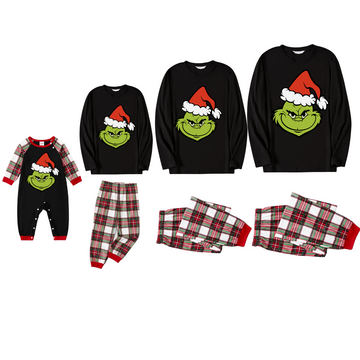 Christmas Cartoon Pattern Print Black Long Sleeve Top with Red & White & Green Plaid Family Matching Pajamas