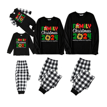 "Family Christmas 2024" Cute Text and Santa Hat Prints Black Long Sleeve Top with Black And White Plaid Pants Family Matching Pajamas