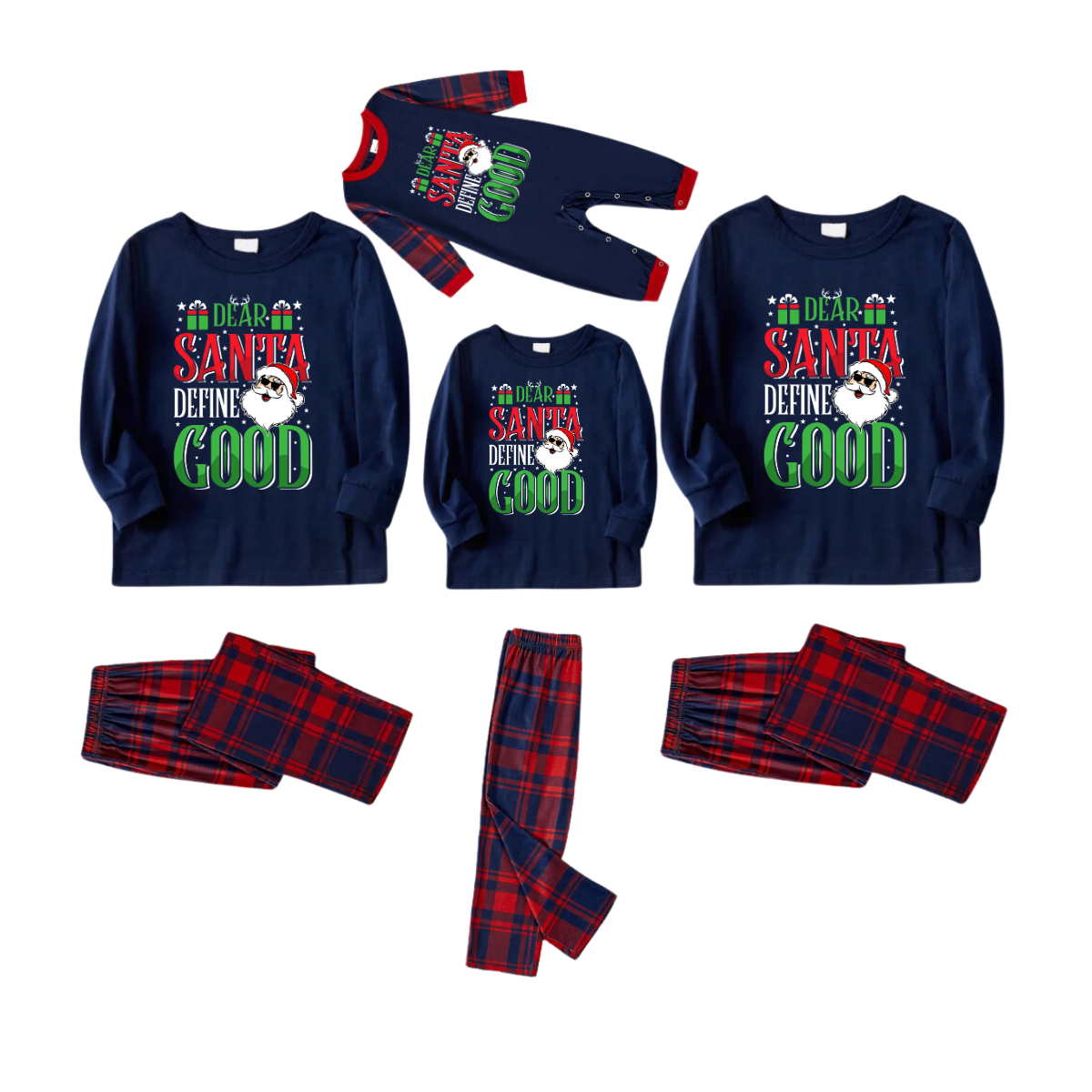 "Dear Santa Define Good" Slogan Printed Red and Blue Plaid Christmas Matching Pajamas