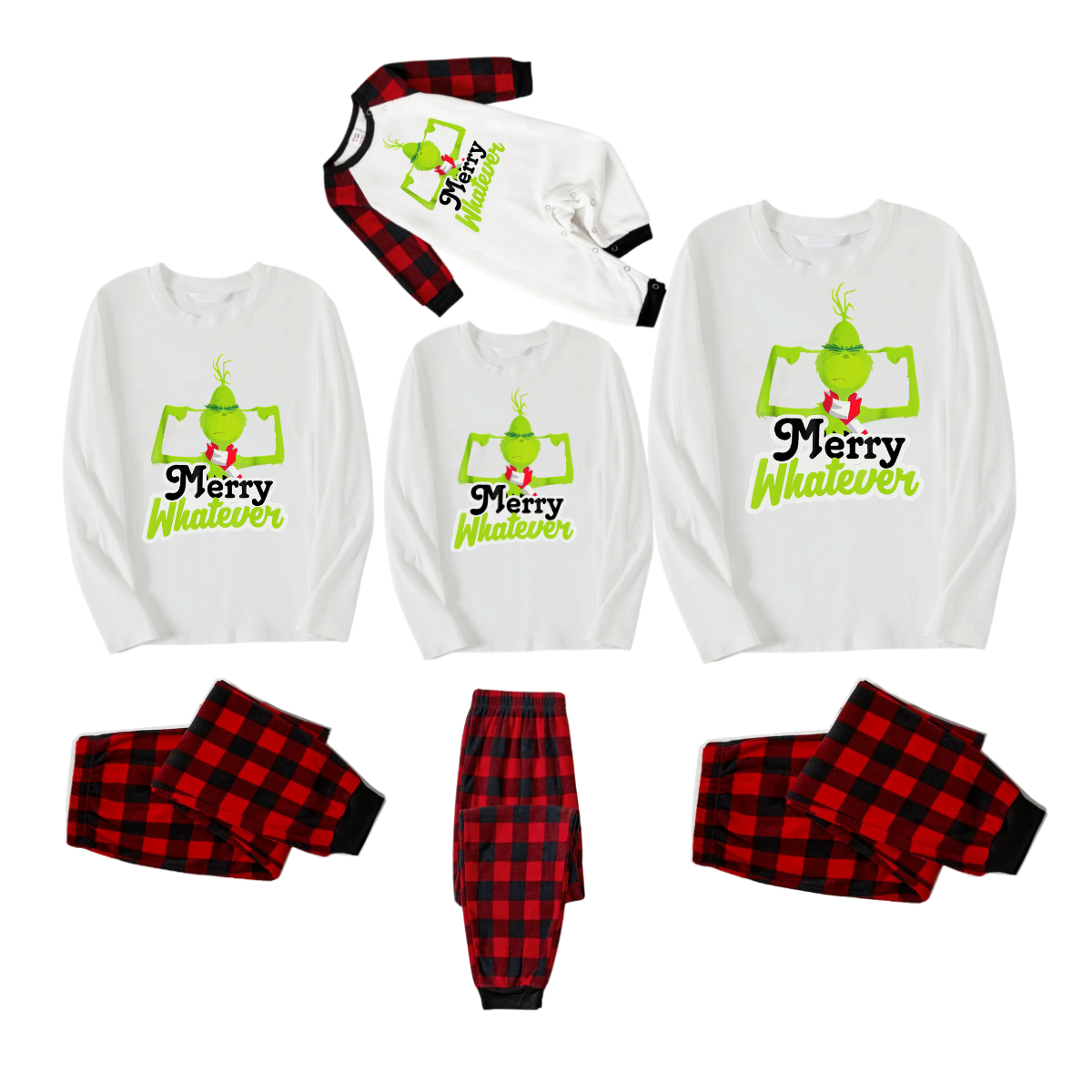 Funny Cartoon Pattern and "Merry Whatever" Printed Red & Black Plaid Family Matching Pajamas