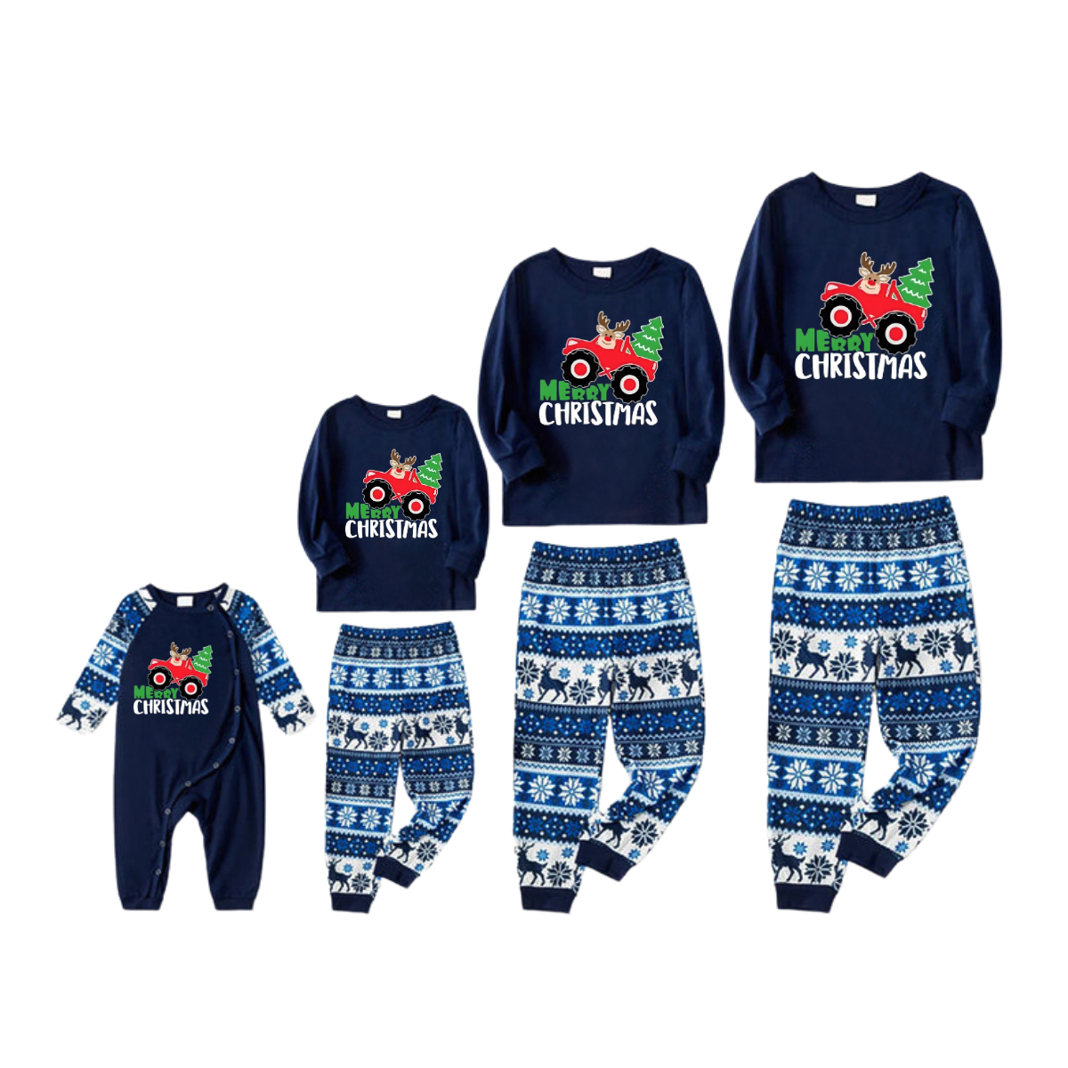 Driving Elk Cartoon Pattern Blue Family Christmas Matching Pajamas